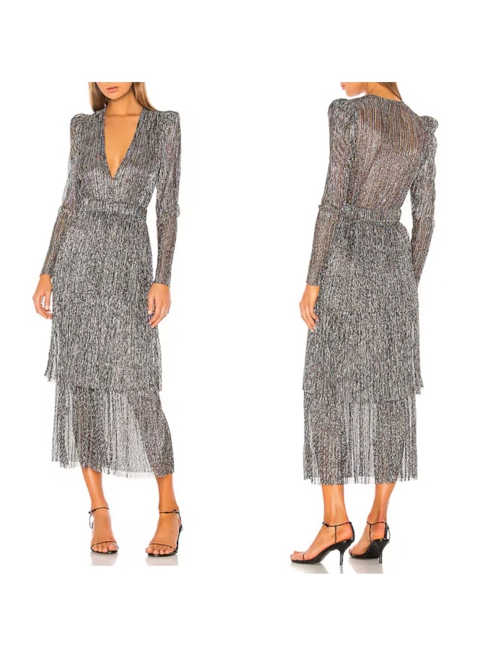 Sabina Mudasayev Carry Tiered Belted Metallic Midi Dress Multicolor Silver Large
